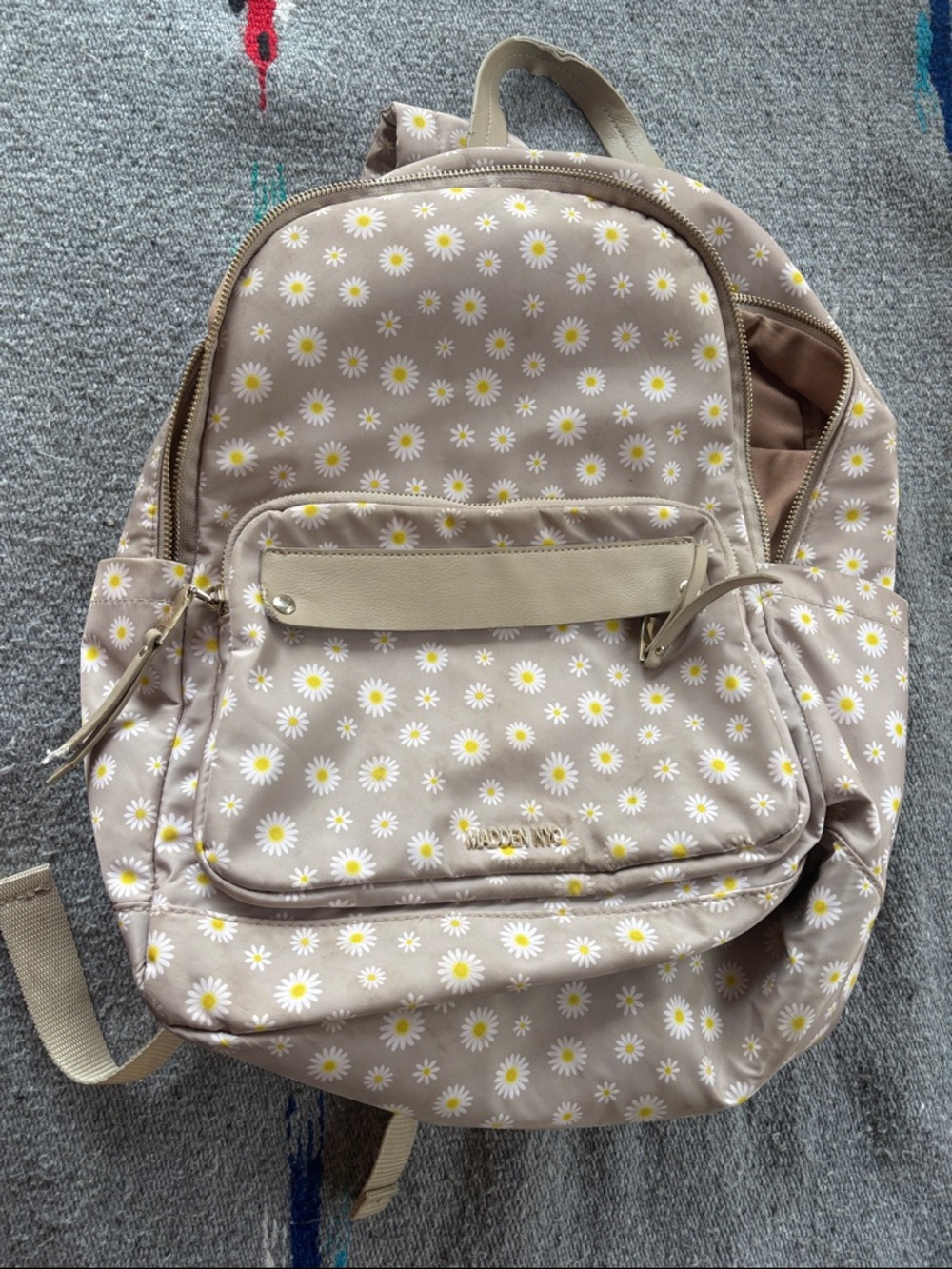 Daisy Print Beige Backpack with Cream Accents